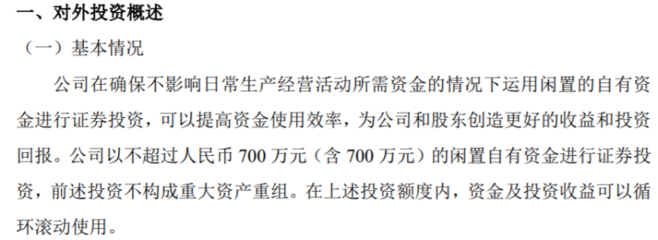 思為客利用閑置自有資金開展證券投資，額度不超700萬元